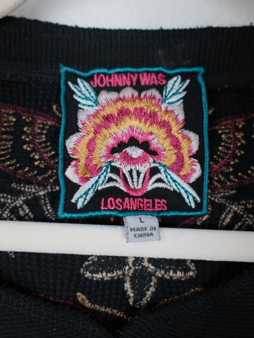 Johnny was Mixed Media Henley Thermal Black Top L - Picture 2 of 3